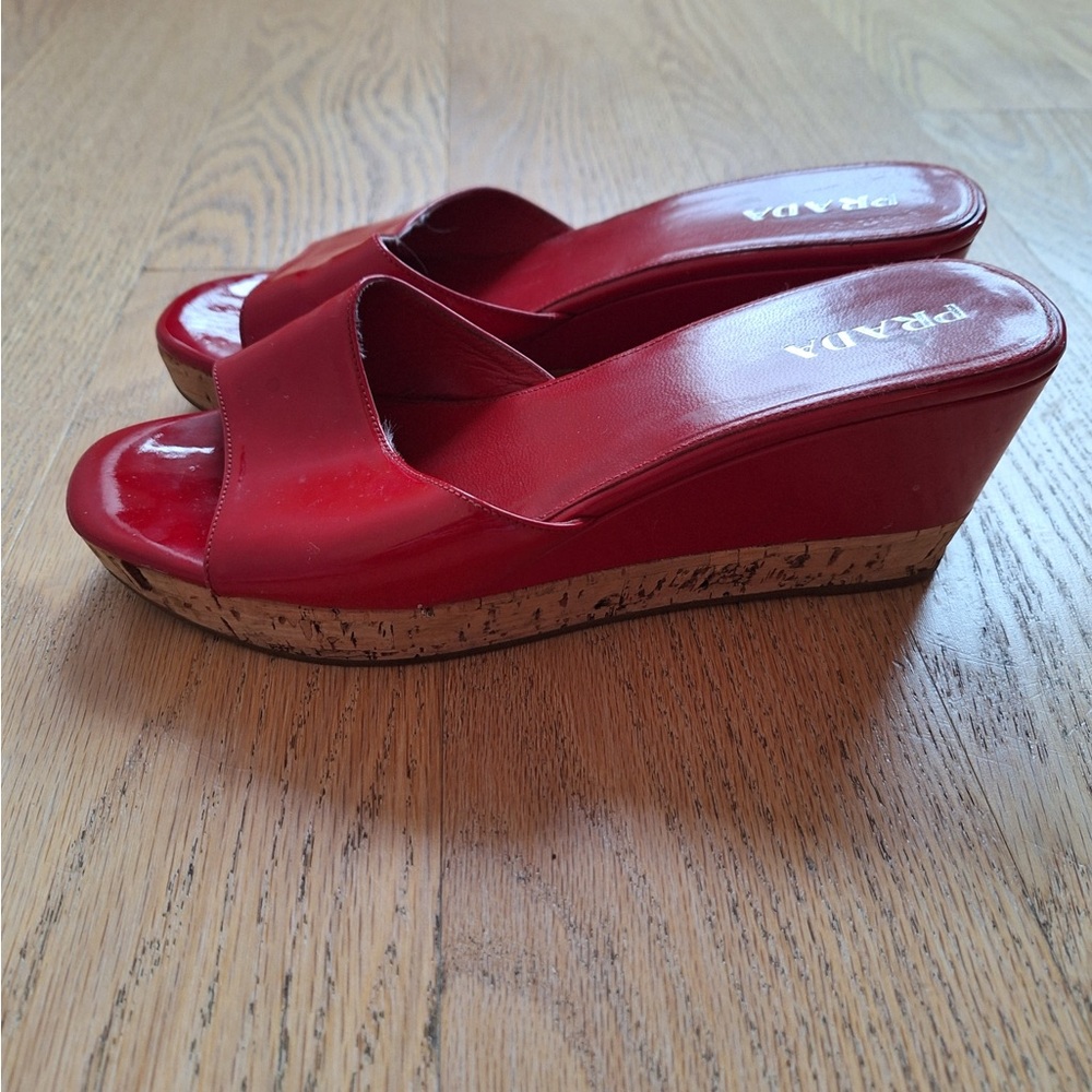 Prada sandal size 10 red patent leather cork/leather heel